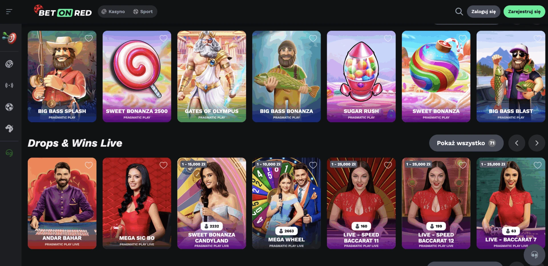 Sloty i gry na żywo Drops & Wins na BetOnRed Casino