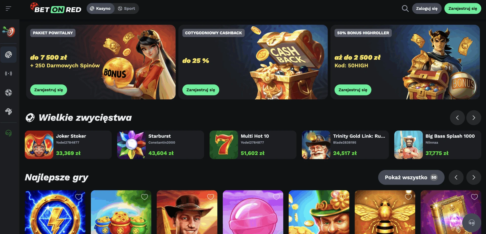 Strona główna BetOnRed Casino z pakietem powitalnym